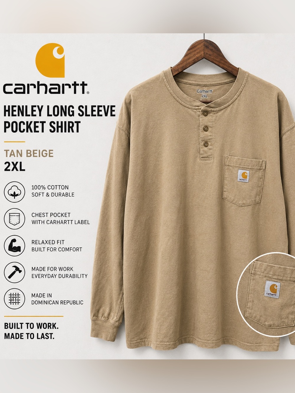 Carhartt Men’s 2XL Henley Long Sleeve Pocket Shirt Tan Beige Workwear Relaxed